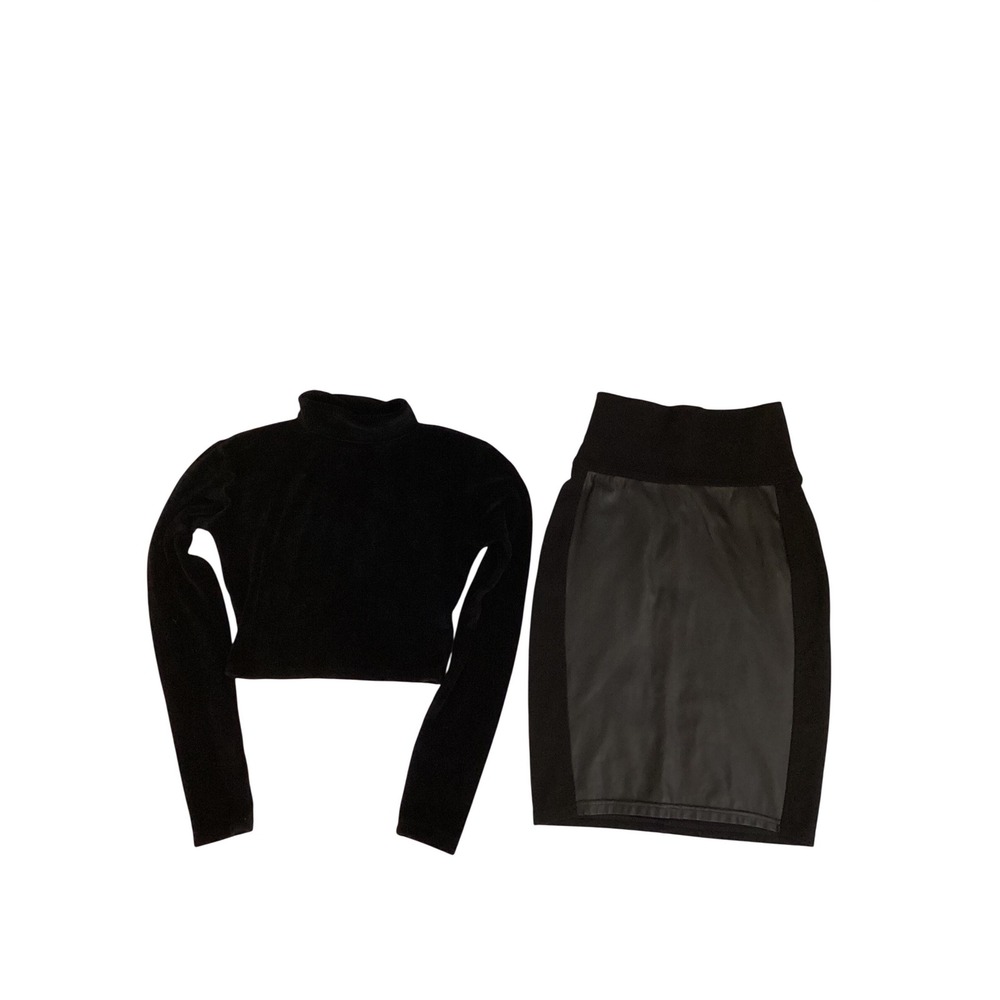 Babaton Wilfred Free Black Velvet Crop Top and Faux‎ Leather Skirt Set XXS XS